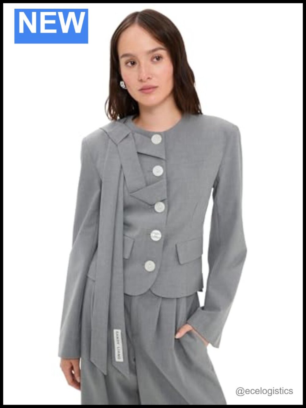 Sandy Liang Blazer Suit Jacket Mid-Weight Low-Stretch Padded Shoulders Bow
